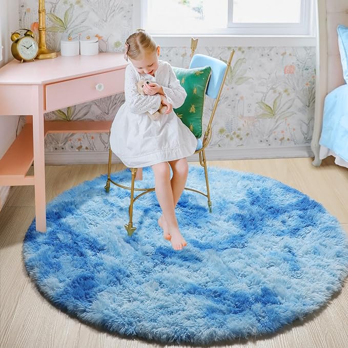 ONASAR Tie-Dye Blue Round Area Rug 4x4, Soft Bedroom Circle Rugs Floor Mats for Kids Girls Teen Room, Kawaii Fluffy Plush Shaggy Carpet for Baby Nursery Living Room Playroom Home Decor