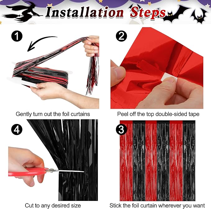 4 Pack Halloween Wall Backdrop, 3.28 FT x 7.05 FT Red and Black Party Streamer, Metallic Tinsel Curtains Fringe Backdrop Foil Streamer, Halloween Hanging Decor Casino Theme Party Decorations