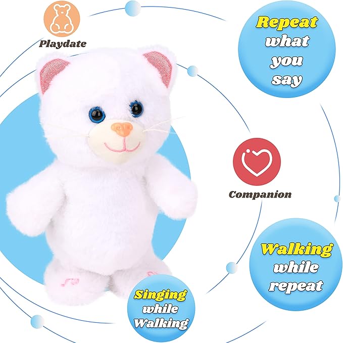 Hopearl Talking Kitty Singing Cat Repeats What You Say Walking Electric Interactive Animated Toy Speaking Plush Buddy Gifts for Toddlers, White, 8''