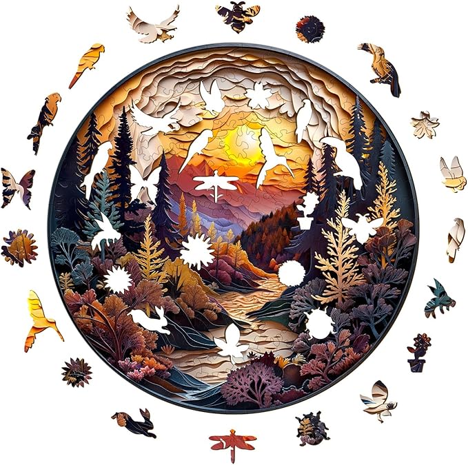 Wooden Puzzles for Adults, 3D Sunset Forest (M-200pcs) Wooden Jigsaw Puzzles Kids, 11.4 * 11.4in Unique Shaped Animal Wood Puzzles, 3D Vision Flat Puzzle Family Games