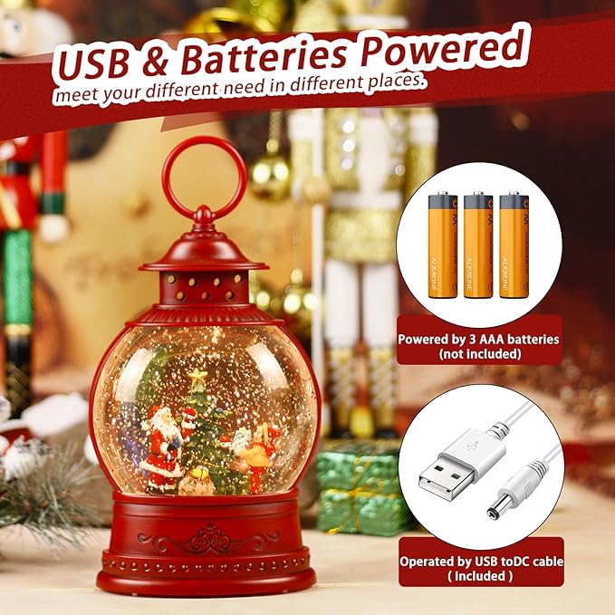 Christmas Snow Globe, Santa Lighted Snow Globes Lantern, 6H Timer, Battery & USB Operated Christmas Tree Snow Globe Lantern, Musical Spinning and Swirling Glitter Christmas Decorations Gifts