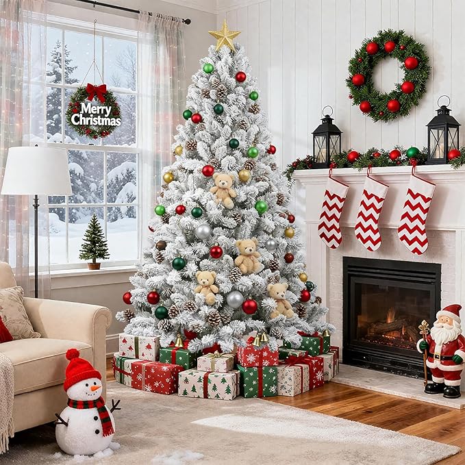 6 FT Artificial Christmas Tree, Snow Flocked Xmas Tree 860 Snowflake Branches, Hinged Pine Tree with Solid Metal Stand for Indoor and Outdoor Holiday Decoration