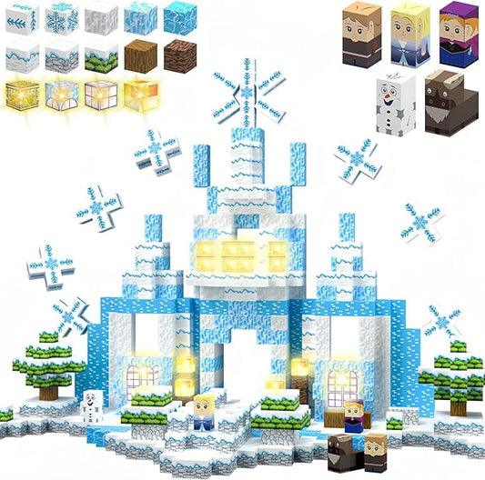 200PCS Magnetic Blocks Frozen Toys, 1" Light Up Building Blocks Magnet Cubes Tiles for Toddlers Boys Girls 3+, Build Princess Castle Snow World, STEM Sensory Construction Toys