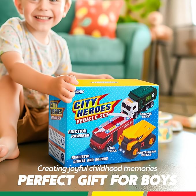 3-Pack Utility Trucks Toy Set – Friction Powered Garbage Truck, Fire and Construction Vehicle with Lights and Sounds – Educational Gift for Boys, Ideal for Kids Toddler