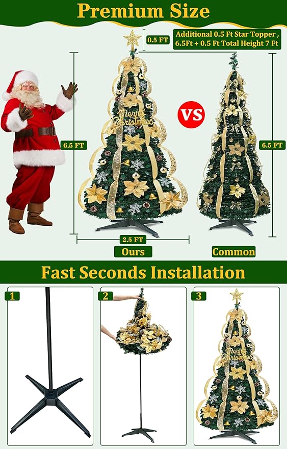 6.5Ft Prelit Fully Decorated Pop Up Christmas Tree with Lights Timer, Dual Color Change 1 Minute Christmas Tree, 220 Warm White&Colored Lights 8 Mode, 74 Ornaments Pull Up Collapsible Xmas Tree Decor