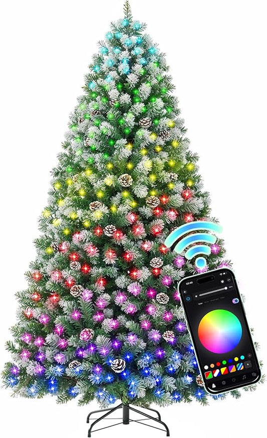 HOLLO STAR 7.5 ft Prelit Christmas Tree with 379 LED Lights, App Control, Artificial Christmas Tree, Multi-Color RGBW Lights, 1476 Flocked Frosted Tips, 86 Pine Cones, Metal Base, for Home, Party