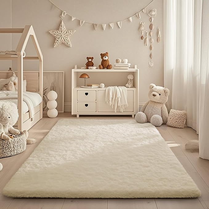Ophanie Ivory Rugs for Bedroom Living Room, Fluffy Fuzzy Furry Carpet, Plush Soft Shaggy Bedside Indoor Floor 4x6 Cream Area Rug for Kids Girls Boys Baby Teen Dorm Nursery Home Decor Aesthetic