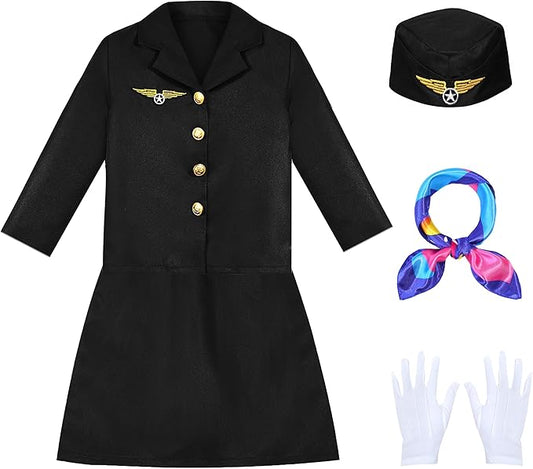 Flight Attendant Costume for Kids Stewardess Costume Set for Girls’ Career Day 100 Days of School Halloween Dress Up
