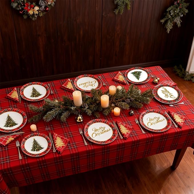 72 Pcs Christmas Plates Disposable Party Set Red Black Plaid Christmas Tree Holiday Paper Plates and Napkins for Chirstmas Party Table Decorations