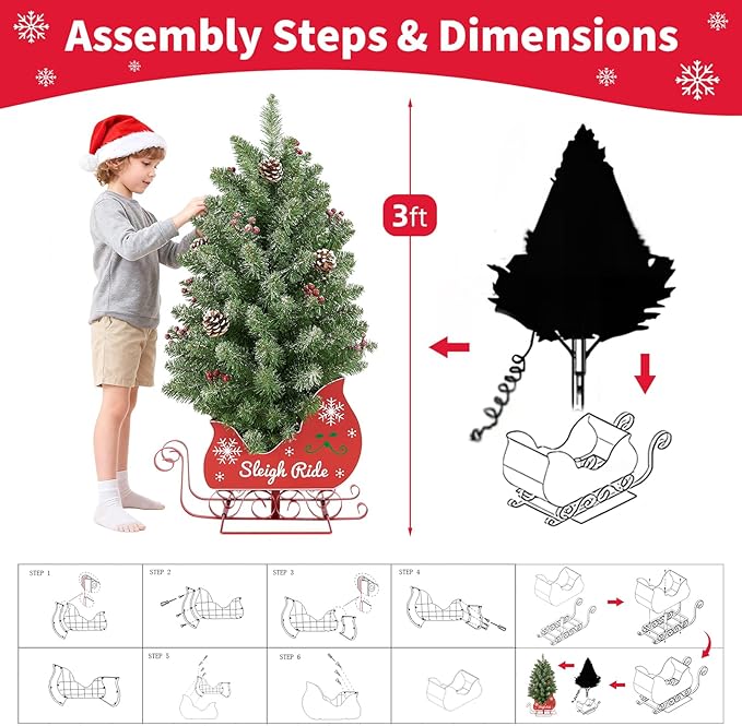 3FT Small Christmas Tree, Artificial Christmas Tree with 78 LED Lights & Bobsleigh Base, Prelit Mini Tree for Christmas Decor, Tabletop Christmas Tree, 8 Modes Remote Control, Timer Battery Operated