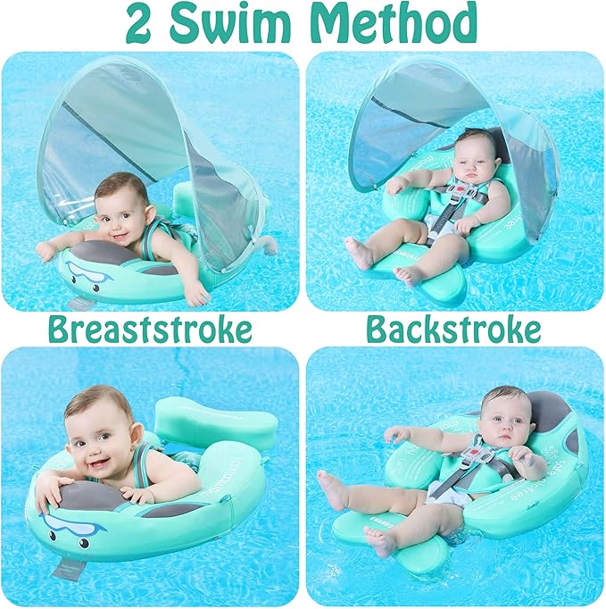 Mambobaby Float Add Tail Baby Swim Float with Canopy, Non-Inflatable Solid Baby Float, Upgrade Soft Skin-Friendly Fabric Material Infant Swim Float (Special Edition Green)