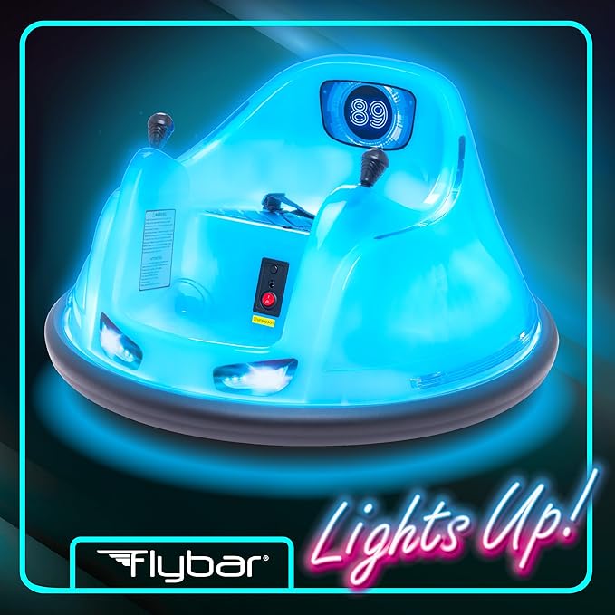 Flybar 6V Blue Glow Bumper Car for Kids – LED Ride-On Toy with 360° Spin, Rechargeable Battery, and Soft Rubber Bumpers – Safe Indoor Fun for Toddlers Ages 1.5+, Up to 66 lbs