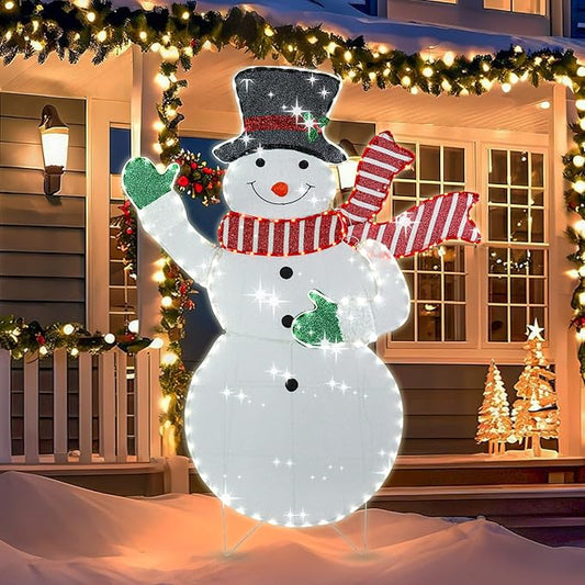 VCUTEKA Christmas Outdoor Decorations - 5.3FT Christmas Glittering Snowman with Red Scarf and Black Hat LED Light for Xmas Home Yard Patio Lawn Garden Festive Holiday Décor