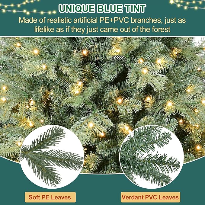 6 FT Prelit Artificial Skinny Christmas Tree,Blue Spruce Slim Pencil Xmas Tree with 1205 PE&PVC Mixed Branch Tips and 300 UL Listed Clear Lights,Hinged Pine Tree with Metal Stand for Home Office Décor