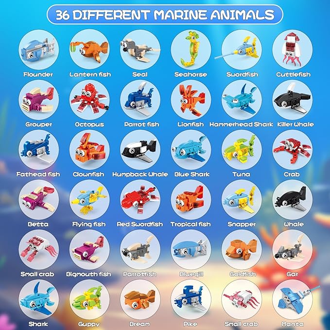 36 Packs Marine Animals Building Blocks Toy, Party Favors for Kids, 999PCS Building Set, Classroom Prizes, Goodie Bag Stocking Stuffers, Ideal for Boys and Girls Ages 6-12+