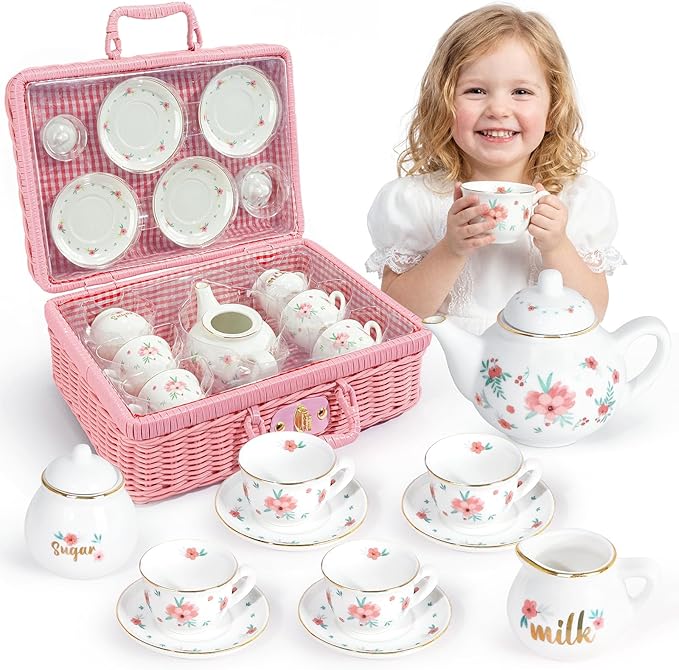 Porcelain Tea Set for Toddlers, Tea Party Set for Little Girls, Pink Floral Teapot Cup Saucer Carry Case, Princess Party Pretend Play Kids Toys, Toddler Girl Birthday Gifts Age 3 - 8 Years Old