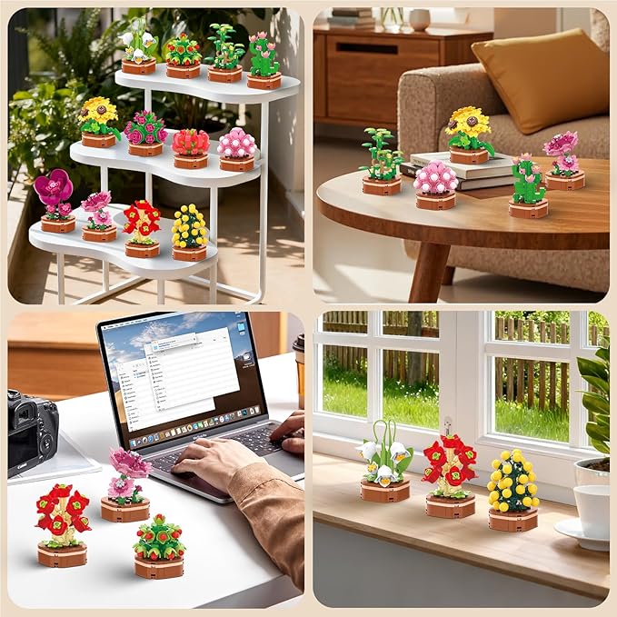 12 Pack Flower Succulent Building Block Set, 1001 Pcs DIY Creative Flowers Model Kit for Adults and Teens, Artistic Floral Home Decor, Perfect Christmas Birthday Gift for Loved Ones