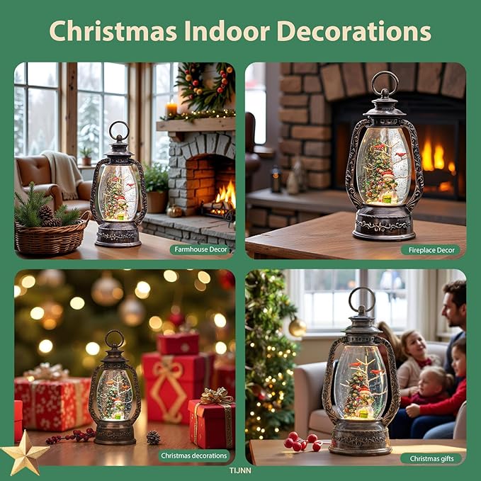 12" Christmas Snow Globe Lantern, Musical Glowing Snow Globe, Indoor Home Christmas Decor, Battery or USB Powered, with 6-Hour Timer, Holiday Decor Gift Christmas Lantern (Snowman Christmas Tree)