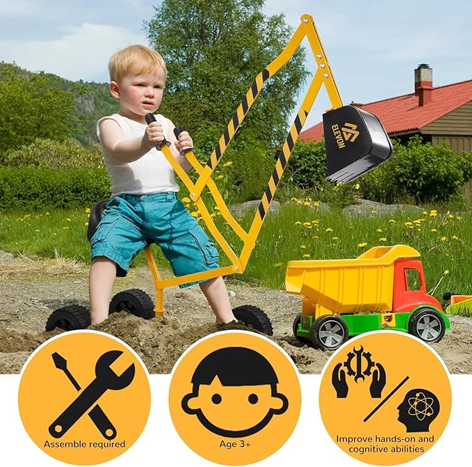 Sand Digger Excavator Toys for Kids Outdoor Sandbox Digger Crane with 360 Degree Rotatable Seat Excavator Ride On Toy Beach Toys Great for Sand Dirt and Snow Steel Outdoor Play Toys, Yellow