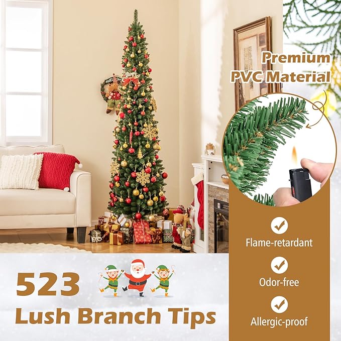 GOFLAME 7FT Pencil Christmas Tree, Slim Artificial Xmas Tree with 523 Memory Wire Branch Tips & Upgraded Metal Stand, Seasonal Holiday Decoration Tree for Home Office Party