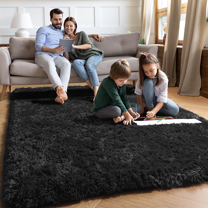 PAGISOFE Fluffy Shaggy Black Area Rug 8x10 Feet, Plush Rugs for Living Room Bedroom, Soft Rug for Nursery, Furry Rugs for Girls Boys Kids Room, Extra Large Fuzzy Rug, Shag Carpet, Black