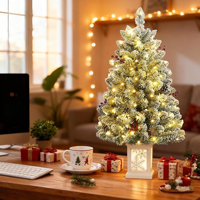 3 Ft Pre-Lit Christmas Tree, Frosted Artificial Christmas Tree with 78 Led Lights,8-Mode Battery Box,Timer Battery,Red Berry,Christmas Decoration for Home, Office,Fireside,Easy Installation