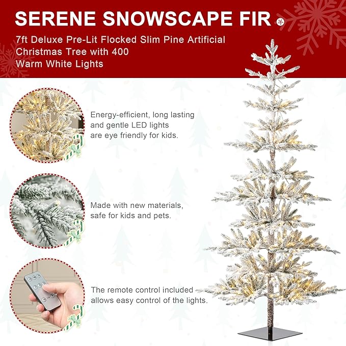 Glitzhome Flocked Christmas Tree, 7ft Pre-Lit Artificial Christmas Tree with 400 Warm White Lights, Deluxe Xmas Serene Snowscape Fir Tree with 1015 PE Tips and Sturdy Metal Stand,Easy Set Up