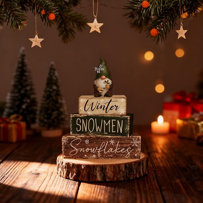 4 Pcs Christmas Decorations Indoor - Wooden Gnome Table Decoration for Home - Christmas Centerpiece For Table - Winter Tiered Tray Decor Rustic Farmhouse Xmas Gift for Home Kitchen Mantel