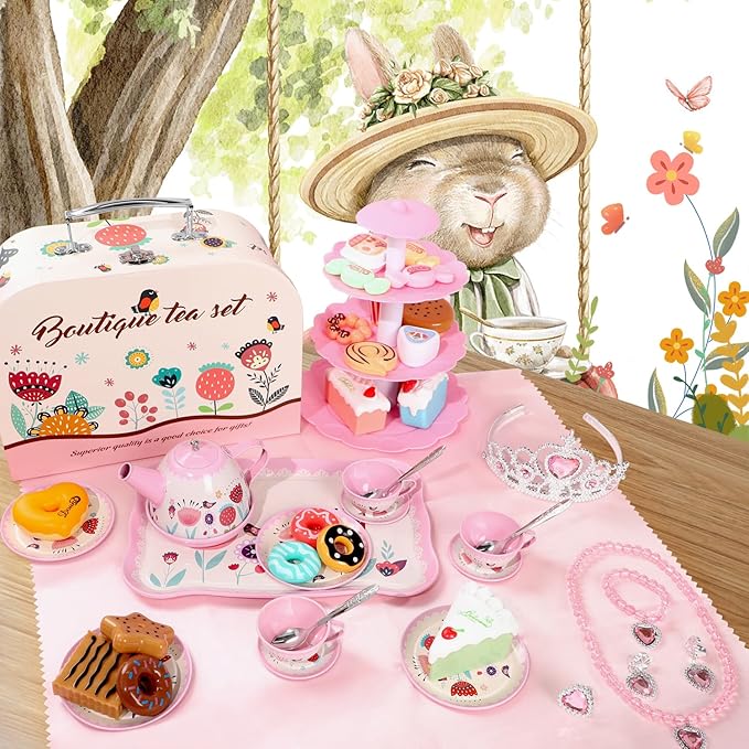 Tea Party Set for Little Girls, 49PCS Princess Tea Time Toys Including Tea Set Dessert Carrying Case, Kids Kitchen Pretend Playset, Montessori Toys for Toddlers 3 - 8 Year Old Girl Birthday Gifts