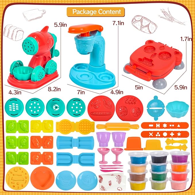 3 in 1 Color Dough Sets for Kids Ages 3-4-8, Dough Tools Accessories Kit, Ice Cream Playset Noodle Hamburger Maker, Pretend Play Kitchen Creations Food Toys Arts Crafts for Toddlers Girls Boys