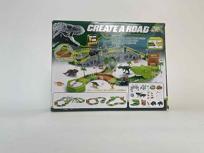 174 PCS Flexible Dinosaur Train Tracks and Race Cars Playset with 8 Dinosaurs Figures, Electric Vehicles, Lights - Create Road Racing World for Toddlers and Kids