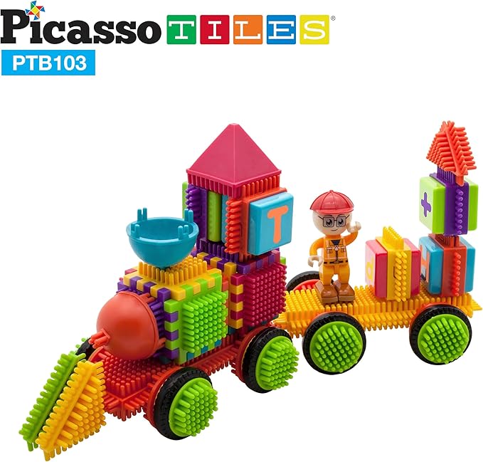 Picasso Toys PTB103 Alphabet & Numerical Train 103pc Hedgehog Block Shape Blocks Building Tiles Set Construction Learning Toy Stacking Educational Block, Creativity Beyond Imagination, Inspirationa