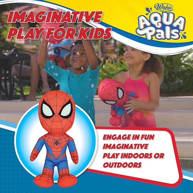 Wahu Aqua Pals Marvel Spider-Man Plush Water Toy for Kids Ages 2+ with AquaDry™ Technology, Washable Plush Doll Toy for Pool and Bathtub, Medium, Red/Blue