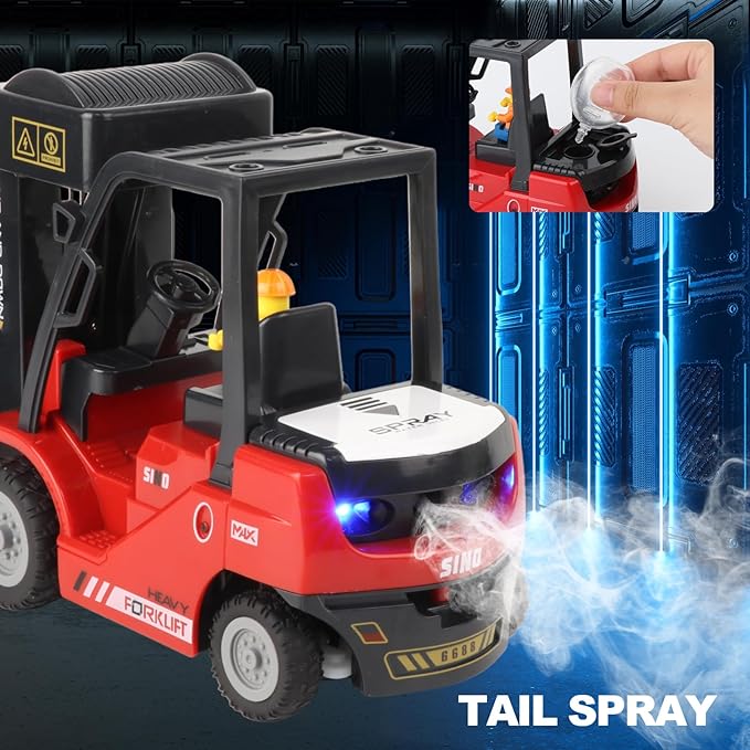 Remote Control Forklift Cranes 11 Channel 2 Mode RC Forklift Truck with Spray Sound and Lights Construction Toys 2.4Ghz 1:24 Scale Truck Toy for Toddler Kids for 3-7 Boys and Girls (Red)
