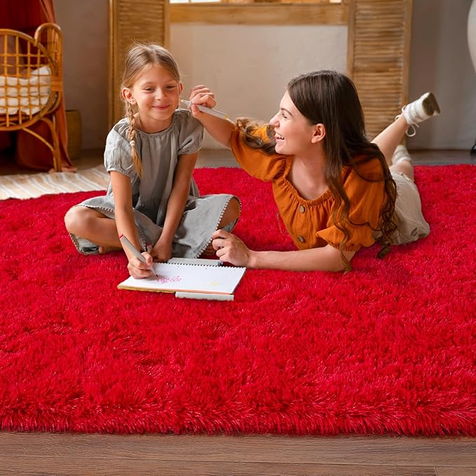 5'x7' Super Fluffy Rug for Bedroom, Modern Shag Red Area Rugs, Soft and Cozy Plush Large Carpet for Kids, Girls Boys and Teens Decorations for Living Room Dorm Nursery Classroom, Red
