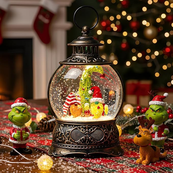 Christmas Snow Globe Lighted Gnomes Santa Elf Whimsical Christmas Tree Scene, Musical Snow Water Lantern Swirling Glittering Home Decoration and Gift, Battery Operated or USB Powered