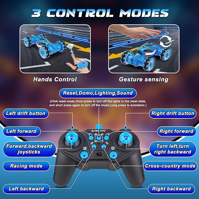 Gesture Sensing RC Stunt Car, Remote Control 2.4GHz 4WD Hand Controlled Car Toys for Boys and Girls Ages 6-12, 360° Rotating Drift RC Cars with Lights and Music, Ideal Birthday and Xmas Gift