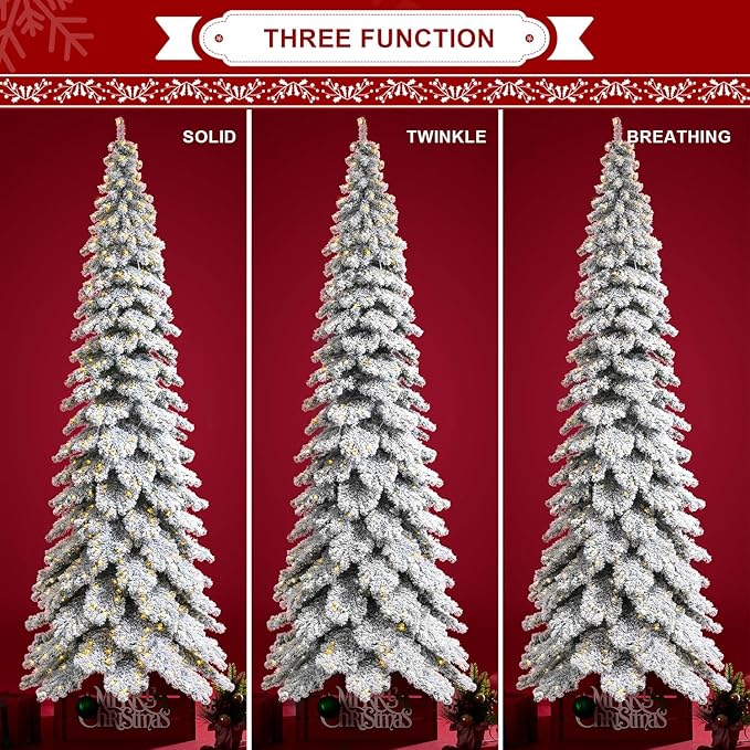 Glitzhome 12ft Artificial Christmas Tree, Pre-Lit Layered Flocked Slim Spruce Tree with 900 Warm White Lights and Foldable Metal Stand, Easy Assembly