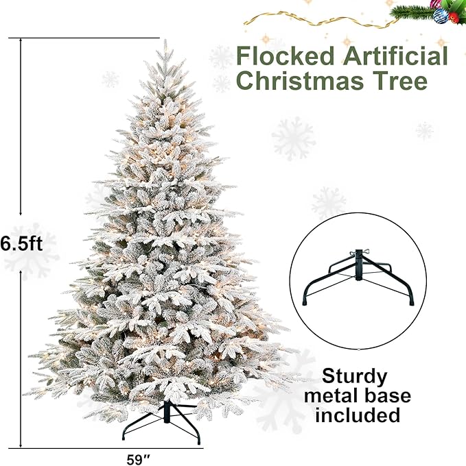 Prelit Flocked Artificial Full Christmas Tree 6.5FT with 2356 PE PVC Tips, Premium Snow Pre-Lit Holiday Xmas Tree with 450 UL Incandescent Lights, Foldable Base for Home Office Party