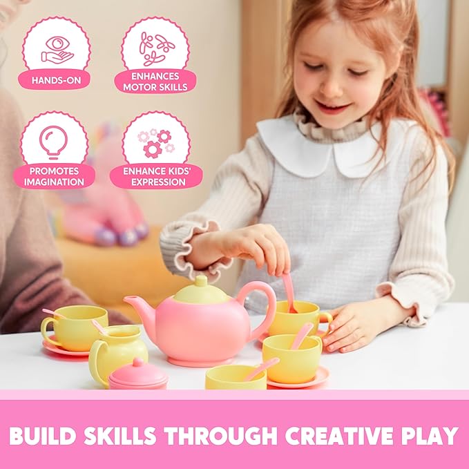 JOYIN 18PCS Pretend Tea Party Set, Pink Plastic Tea Set, Mini Kitchen for Kids, Gifts for Toddler Boys Girls, Gift for Christmas