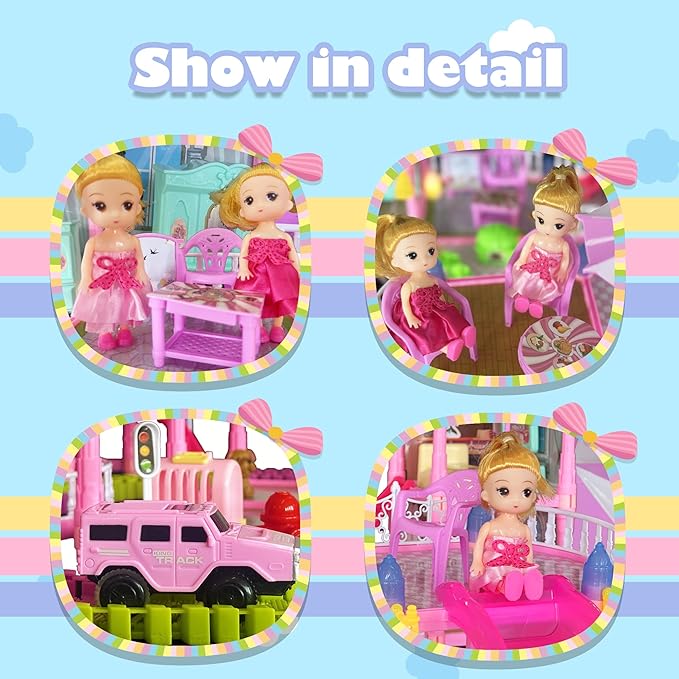 Dream Dollhouse, Racing Track, Dolls House playset with Toy Furniture and 3 Level Slide, Furniture, 1 Doll and 1 Buggy Toy and 10+ Tracks Pet and Puppy Play Area 7 Rooms