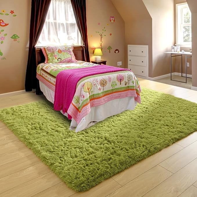 Ompaa Green 8x10 Feet Large Area Rugs Fluffy Living Room Carpet, Wall to Wall Big Shag Grass Green Rug for Bedroom Kids Playroom Classroom Nursery Home Office Decor