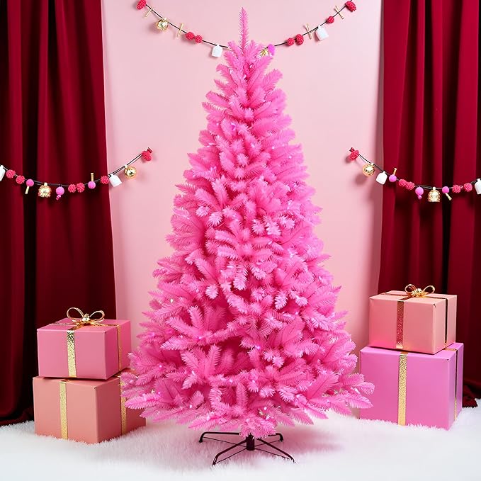 YULETIME 6.5 Feet Pre-Lit Pink Christmas Tree, Artificial Holiday Decorative Tree with UL Listed 300 Pink LED Christmas Lights with Matching Color Wire
