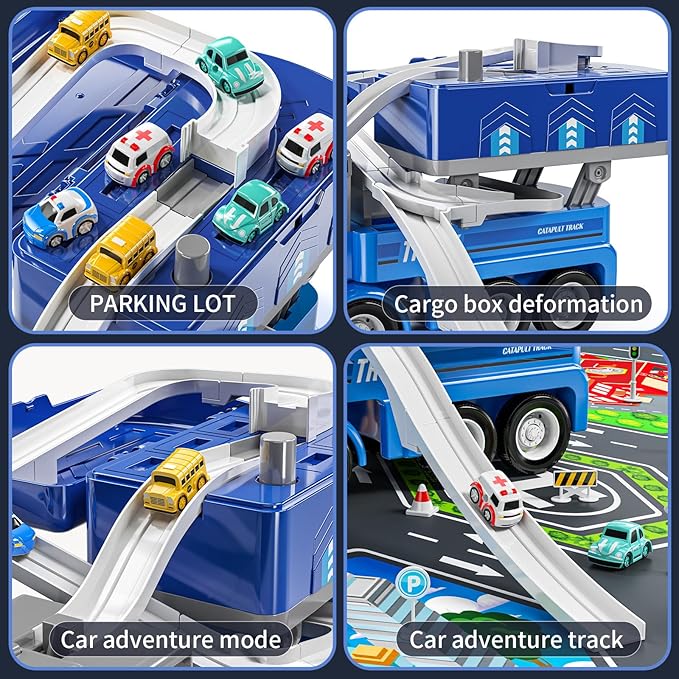 2 in1 Carrier Toy Trucks for Kids 3 4 5 6 Years Old - Vehicle Toys with 8 City Cars, Transport Race Tracks with Light and Music, Educational Car Games Gift for Toddler Ages 2-4 3-5 4-6 (Blue)