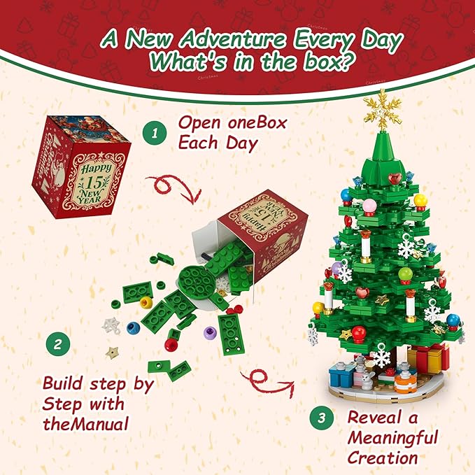 Christmas Tree Advent Calendar 2025, 24 Day Countdown Kit with 912PCS Building Blocks Set, Xmas Holiday Decorations Gift for Kids Teen Girls Boys (Santa Sleigh Reindeer)