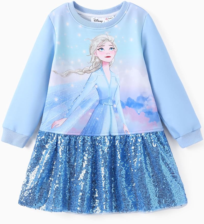 Disney Stitch Minnie Elsa Princess Sweatshirt Dress Toddler Girl Sequin Long Sleeve Pullover Clothes Fall Outfit 2-9 Years