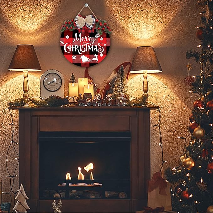 Merry Christmas Decorations Wreath, Merry Christmas Sign Front for Door Decoration, Rustic Wooden Holiday Decor for Front Door Porch Window Wall Farmhouse Indoor Outdoor Decorations