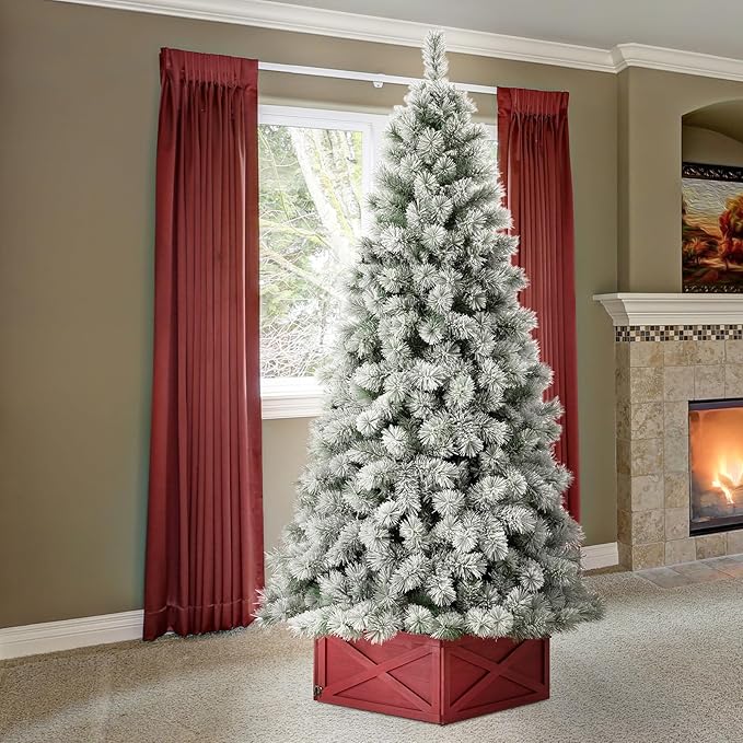 Glitzhome 9 ft Pre-Lit Christmas Tree with 900 Warm White LED Lights, 1030 Branch Tips and Easy Assembly Metal Stand, Artificial Snow Flocked Hinged Xmas Tree for Party Home Decoration