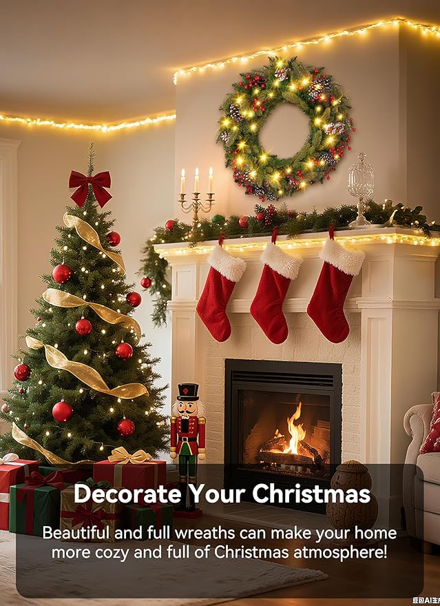 Brightown 24 Inch Pre-Lit Artificial Christmas Wreaths for Front Door,Christmas Decorations Indoor with Pine Cones & Berry Clusters, Christmas Wreath with 50 Lights for Fireplace Wall Window, Plug-in