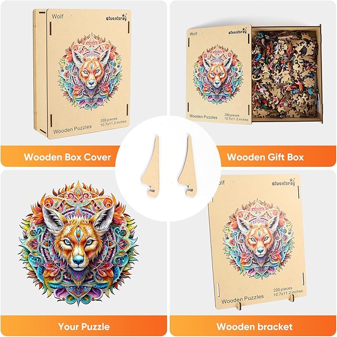 Original Wooden Jigsaw Puzzles-(Wolf,200pcs,Medium 10.7x11.3in),Wooden Puzzles for Adults,Unique Shape Animal Adult Puzzles,Irregular Wood Puzzles Best Gift for Adults and Kids Family Game